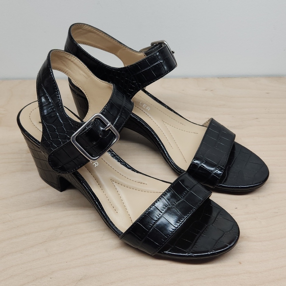 Andrew Geller Burbank Black Crocodile Sandals Platforms Buckle Women's Sz 8 1/2M